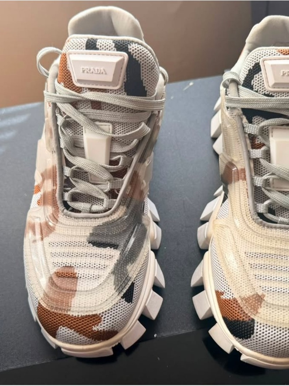 Prada Woman’s Camouflage Mesh Sneakers in gray, Brown and Black